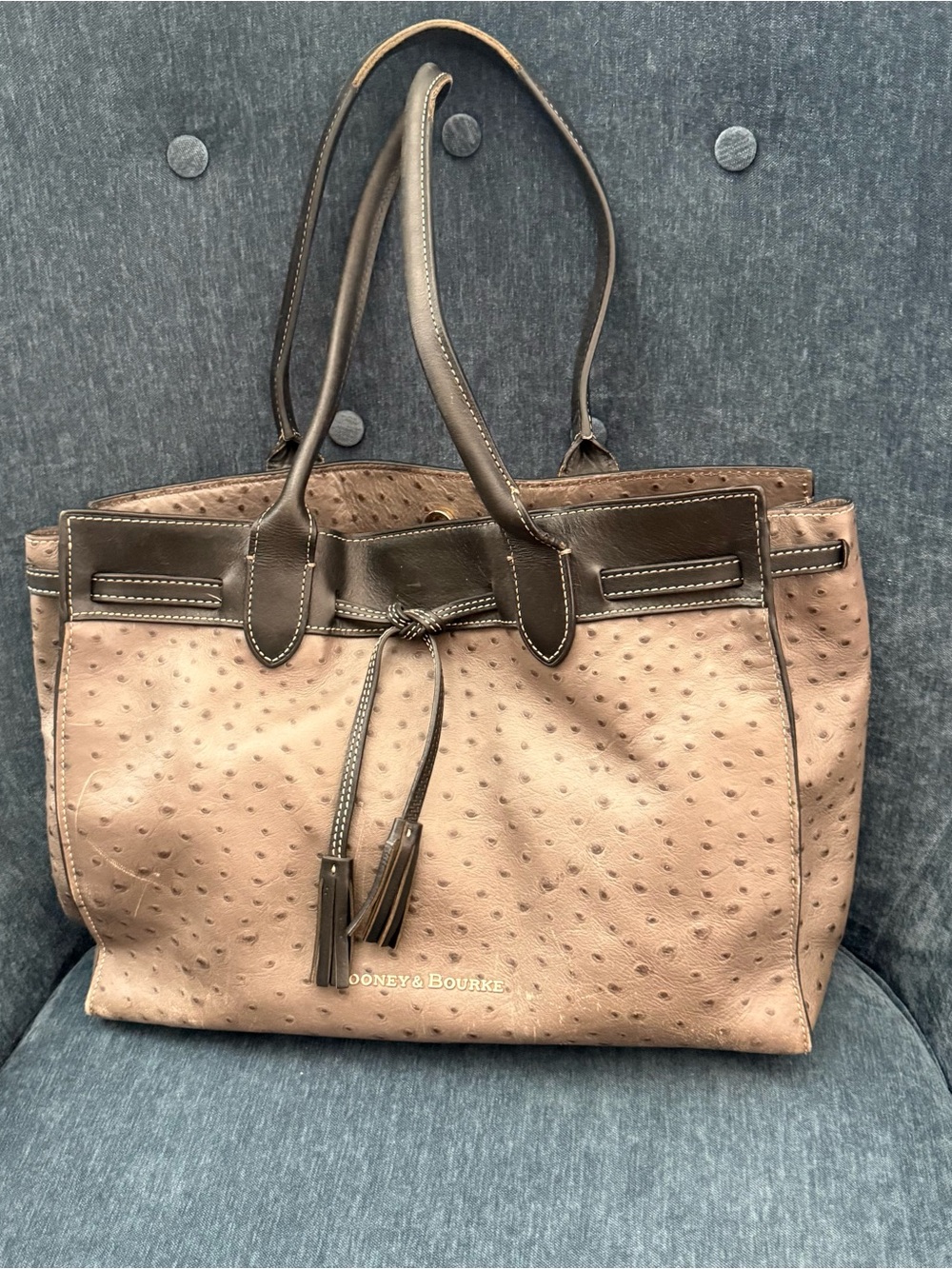 Dooney & Bourke Taupe and Dark Brown Ostrich-Embossed Tote